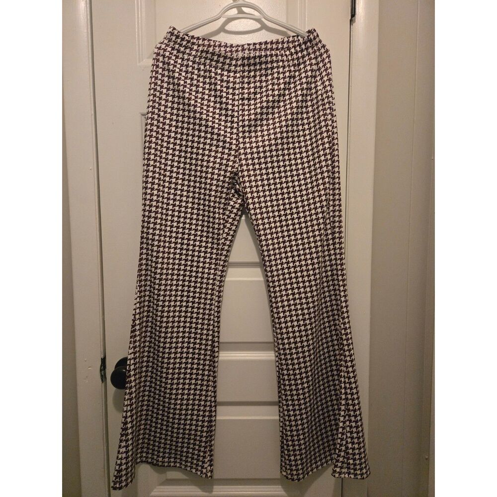 Brown and White Houndstooth Print Flare Leg Pants by Shein size L